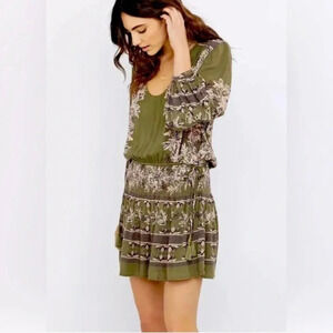 Free People Moonlight Drive Dress in Green Combo Mini Smocked Waist V Neck: XS